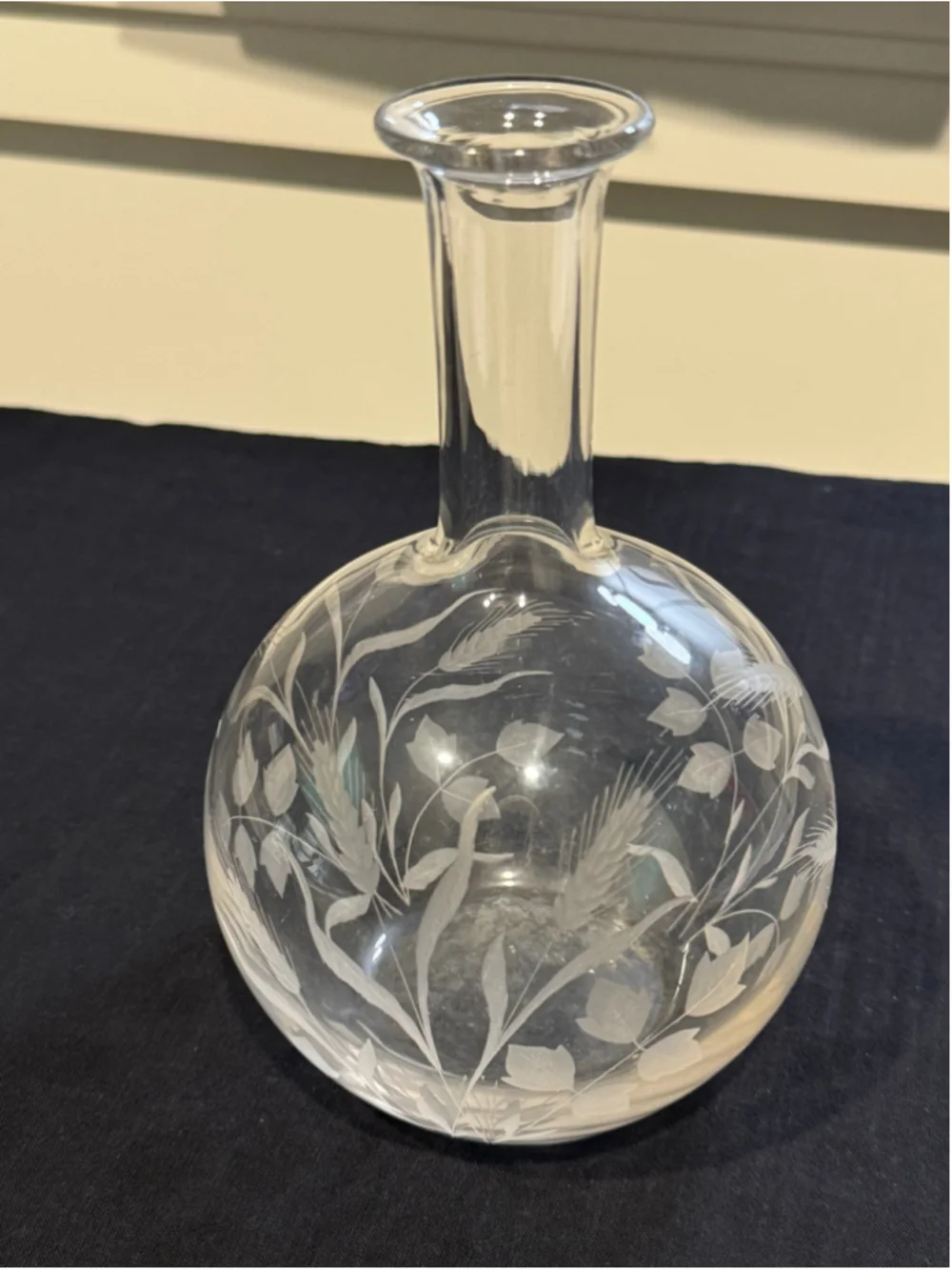 Vintage Unbranded Clear Glass Bud Vase with Etched Floral Wheat Leaf Design